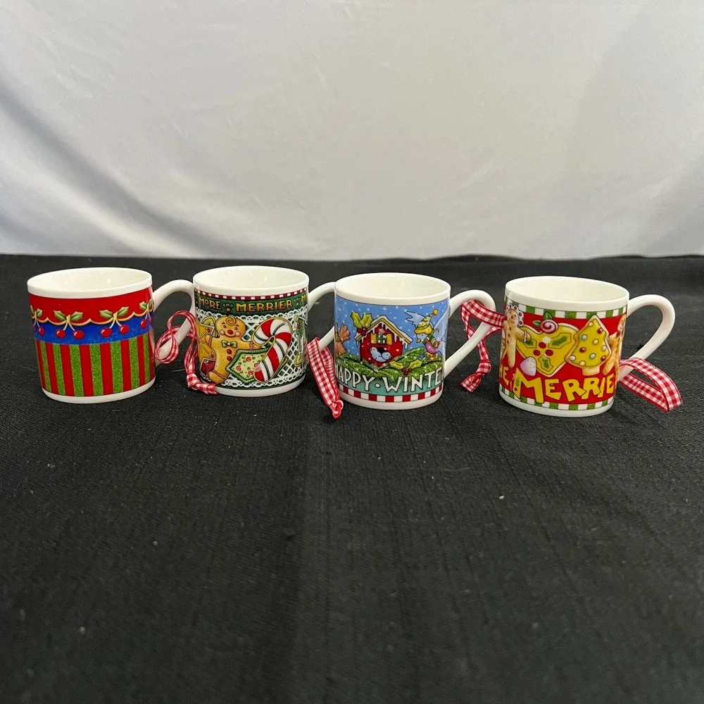 ME Ink Mary Engelbreit Mini Mug Christmas Ornaments Set of 4 Gingerbread Winter